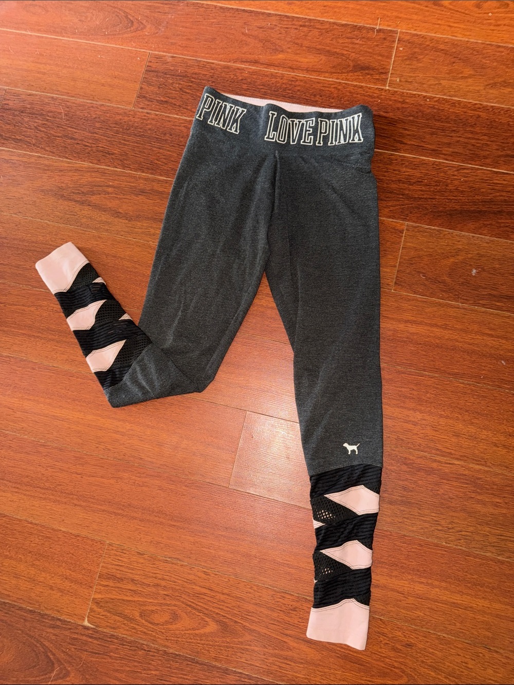 PINK Victoria's Secret Charcoal Gray Leggings with Pink & Black Mesh Panels